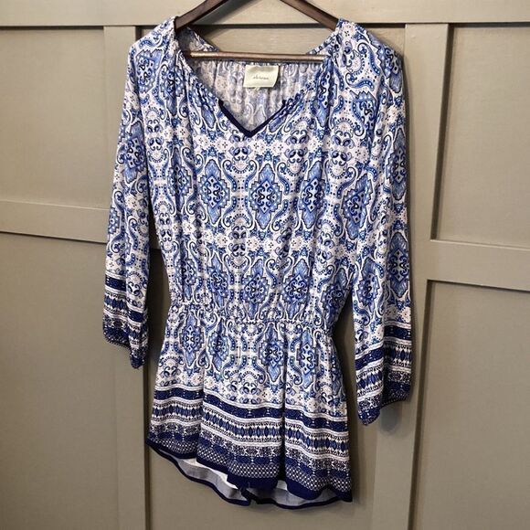 ANTHROPOLOGIE Elevenses Basia Blue Printed Long Sleeve Romper Size Small - Picture 6 of 10